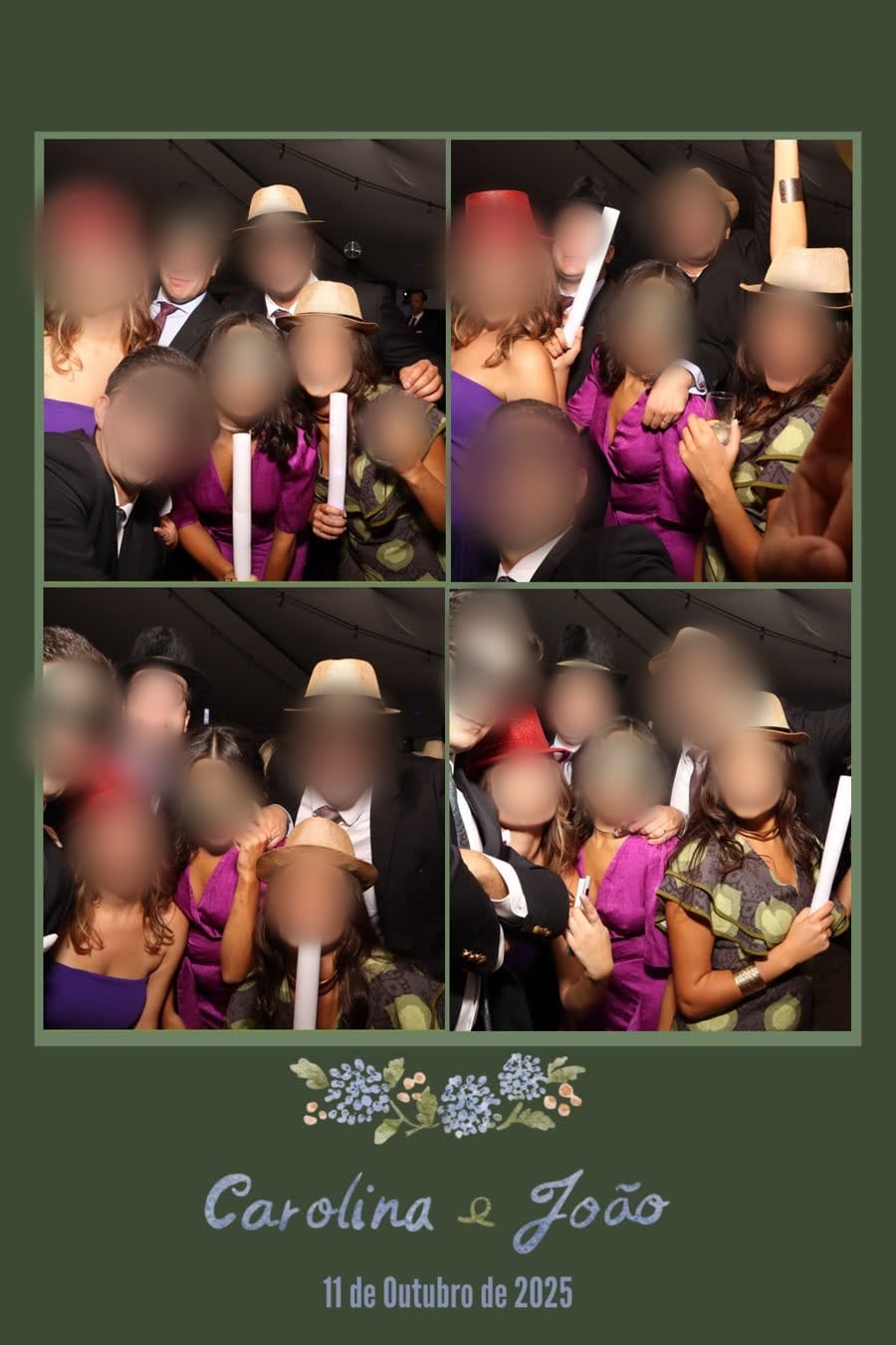 Impressão de casamento em grelha de quatro fotografias: convidados com chapéus, óculos e adereços debaixo de uma tenda, em moldura verde-escura com ilustração floral.